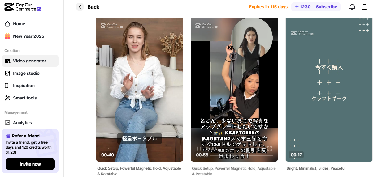 Pippit interface with AI video templates and tools to create content and scale your dropshipping business.